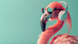 © jian - Pink flamingo side profile wearing sunglasses and headphones, creative 3D animal for summer beach music festival
