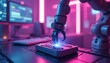 © Pete - Robot arm with glowing gripper works on futuristic device in neon lit lab. Advanced automation and precision technology for science, research, or manufacturing. High tech scene.