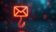 © Pete - Neon email icon hangs from chain with fishing hook below. Symbolizes cyber threats, phishing scams and digital danger. Cyber attack risk concept.