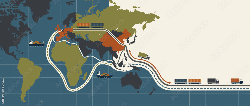 Map Routing Of Cargo Panoramic vector illustration of global logistics and shipping routes ...