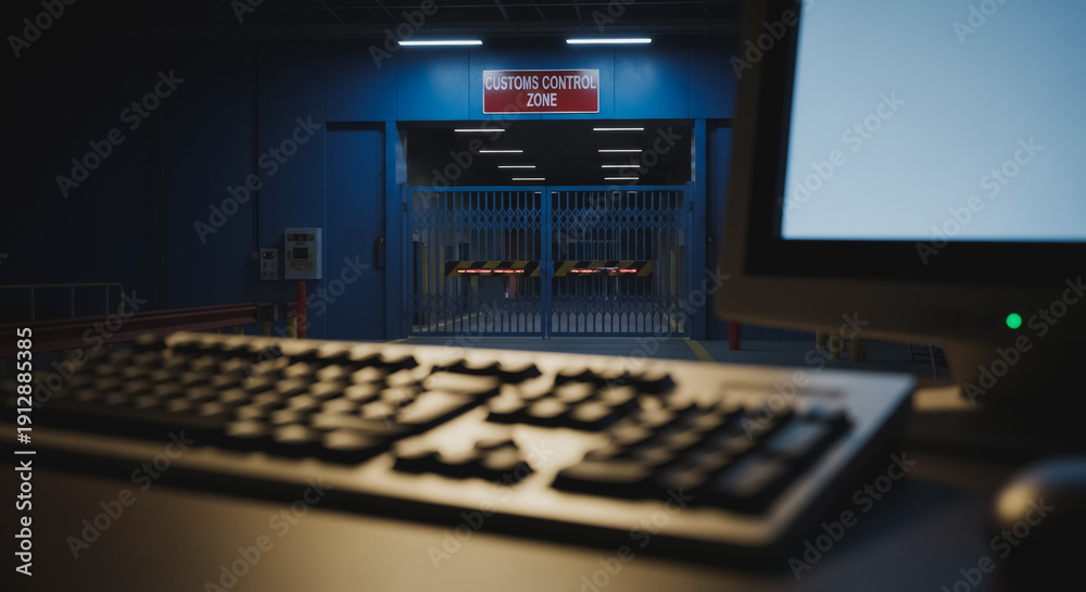 Security checkpoint desk setup with keyboard and monitor overlooking ...