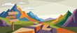 © Sanzid12 - Panoramic Vector Banner Illustration of a Hiking Trail with a Wooden Signpost and Colorful Geometric Mountains. Low Poly Landscape with Winding Path, Adventure Nature Background for Travel Design.