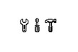 © icon_art - A set of three pixel art icons representing common hand tools, including a wrench, a screwdriver, and a hammer, displayed in a minimalist black and white style on a dark background.