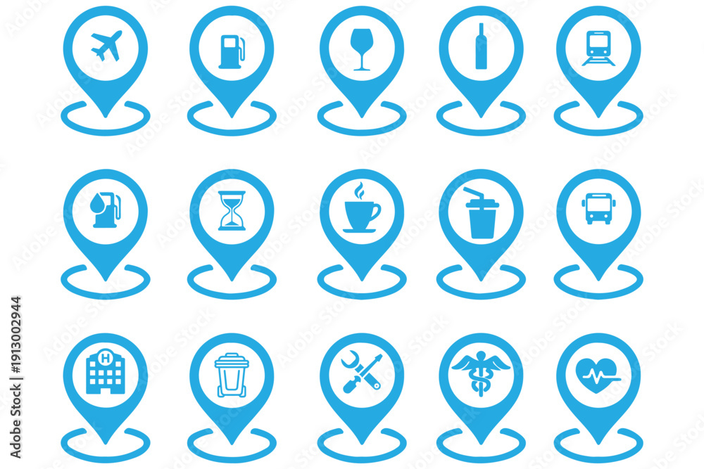 Location icon set – GPS map pin and navigation marker symbols for ...