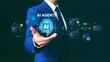 © Forida - A businessman in a suit presents a glowing brain graphic with 'AI Agents' text, symbolizing artificial intelligence in business and technology