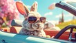 © Viktoryia - cute bunny driving blue convertible car, fluffy rabbit in pink sunglasses holding steering wheel, muzzle looking at camera against spring landscape with easter eggs