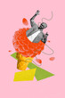© deagreez - Banner collage of school person dance in petals ice cream cone over pink color background