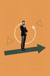 © deagreez - Trend pop collage of person stand arrows circle round on orange color background