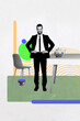 © deagreez - Pop zine sketch artwork collage of happy businessman businesswoman stand table chair workplace coffee cup kettle pause manager