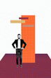 © deagreez - Banner creative collage of worker person stand near geometry shape on white red background