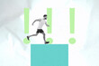 © deagreez - Collage surreal poster of sporty person run fast cube with exclamation marks over white green background