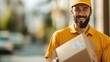 © Larisa AI - A cheerful delivery person in a bright outfit holds a package in a sunny urban setting, symbolizing service, community, and the spirit of connectivity.
