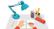 © Pak - Hands writing in a notebook on a desk with a blue lamp. Tidy workspace for study, work, or creativity, featuring pencils, ruler, and a pencil case.