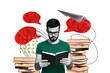 © deagreez - Creative collage picture young man student learn preparation read book library literature stack pile textbox speech paper airplane