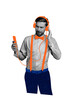 © deagreez - Vertical photo collage of happy guy gentleman wear suspenders bow tie listen music iphone device headphones isolated on painted background