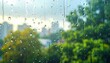 © Galuh - Raindrops on window with blurred cityscape and green trees creating a serene view