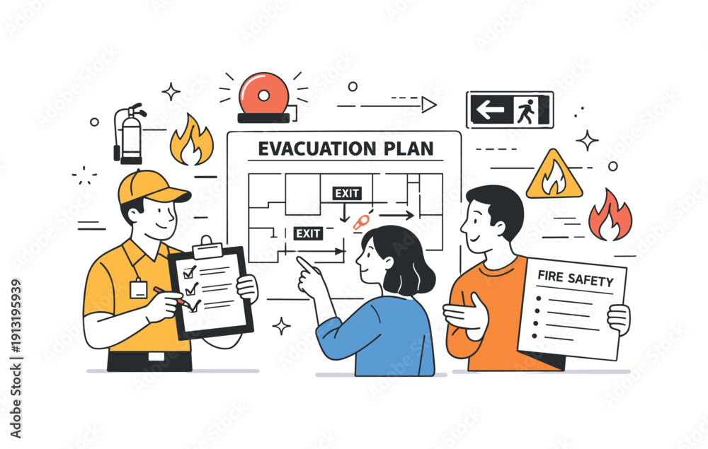 Fire Map Instructons Image vectorielle Stock Fire prevention procedures. Team reviewing ...