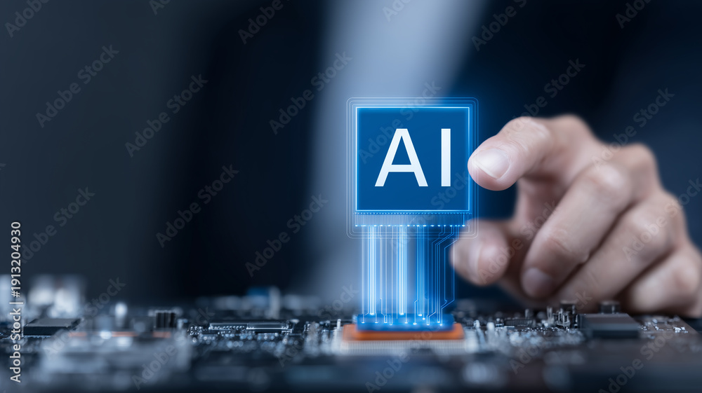 Hand activating an AI chip on a motherboard to represent artificial ...