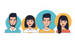 © Saulius - Set of four stylized avatars of young diverse men and women within colorful circles for social media profiles.