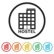 © sljubisa - Hostel simple icon. Set icons in color circle buttons