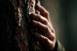 © Firadoaw - Man touching tree trunk close up, emotional connection to nature concept