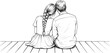 © MdRissalat - Romantic couple sitting together on wooden floor back view black and white line art vector illustration