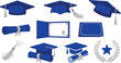 © Madhuka Disanayaka - Graduation flat vector illustrations with 10 royal blue silver mortarboard cap front side tilted tassel diploma ribbon certificate case scroll stack wreath star academic