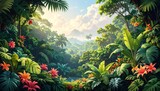 Tropical rainforest waterfall lush greenery vibrant flora misty jungle landscape scenic nature