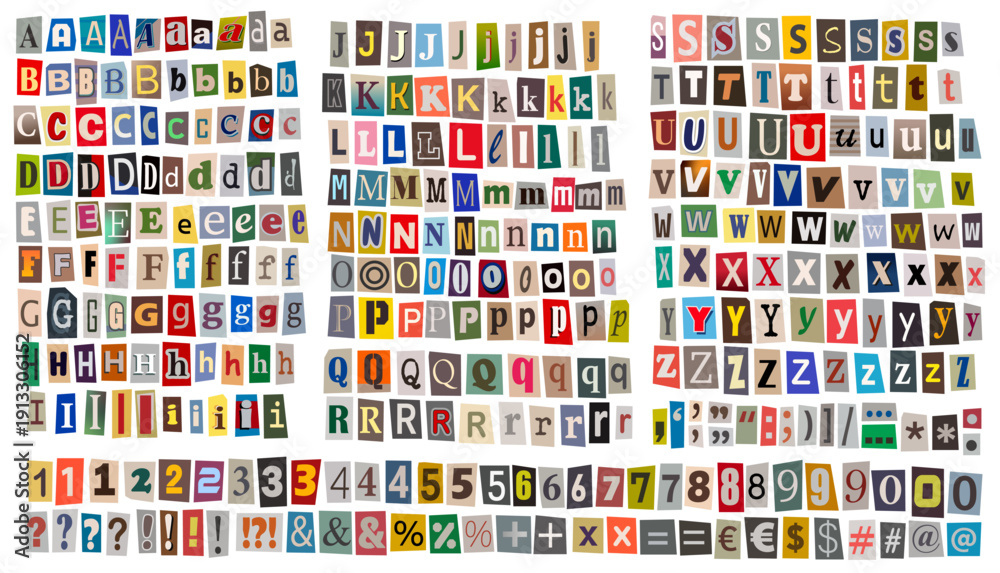 Collage of cut-out letters, numbers, and symbols on white. Stock Vector ...