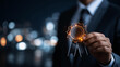 © Laura - Faceless businessman holding glowing quality assurance badge, symbolizing excellence and certified service in digital business environment, professional validation, tech-enabled