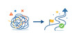 © King558 - Strategic simplification and reducing decision overload in complex workflows, a tangled cluster of abstract elements resolved into one clear path symbolizing clarity, confidence,