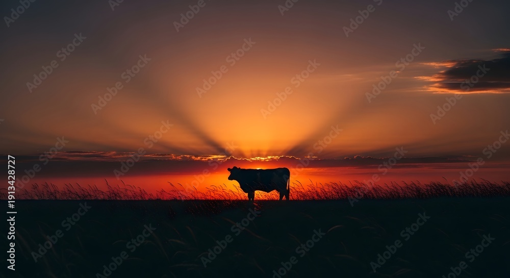 Dramatic Sunset Silhouette of a Cow Standing in a Grassy Field with ...