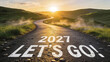 © Hamid - A winding asphalt road leading towards a beautiful sunrise over green hills, the text 2027 LET'S GO! is painted in white on the road surface. Happy New Year, New Year