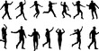 © kulinadsgn - Collection of energetic and happy people silhouettes: men and women jumping, running, dancing, and celebrating success in various dynamic poses on a white background.