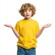 © tharushi - 5 years boy with wavy sandy hair wearing yellow isolated on a white background