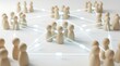 © CuteBee - Numerous wooden peg figures are strategically arranged on a white surface, forming a complex network of interconnected glowing lines, symbolizing social and business connections.