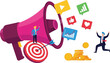 © Iqrar - Business professionals utilize a large pink megaphone to broadcast social media marketing messages and achieve financial.