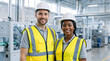 © Vyatcheslav - Portrait of diverse factory workers in safety gear. Smiling man and woman wearing hard hats and yellow vests in a manufacturing plant. Industrial teamwork and workplace diversity concept