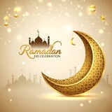 Ramadan eid celebration background with golden crescent moon and mosque silhouette
