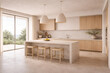 © JuanM - A modern, minimalist kitchen with light wood cabinetry, a large stone island with three stools, and a panoramic window overlooking a lush, green landscape.