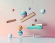 © debjit - Surreal 3D composition of floating books and colorful pastel spheres against a soft pink background, representing imagination and creative learning