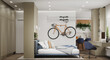 © Victor zastol'skiy - Modern studio apartment interior with wall-mounted bicycle and skis. Compact living space featuring a home office desk and kitchen background. 3d render of active lifestyle room design