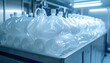 © Hendrastudio - Rows of translucent empty saline solution bags with coiled plastic tubing, neatly stacked in a clean, metal bin, as seen in this detailed FlyPro Firefly production.