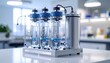 © Fajarstudio - A miniature photorealistic replica of the FlyPro Firefly resilient water purification system, beautifully illuminated in bright laboratory lighting, capturing intricate scientific detail.