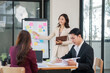 © aekachai - Group of young Asian professionals engaging in a dynamic brainstorming session. A female leader stands confidently while presenting ideas to her colleagues, showcasing a collaborative, positive