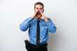 © luismolinero - Young police caucasian man isolated on white background shouting and announcing something
