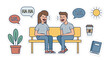 © Riswan - Happy young couple laughing on bench with HA HA LOL speech bubbles & daily items, portraying humor, friendship, happiness, clean flat line art vector in pastel colors, isolated sticker set on white.