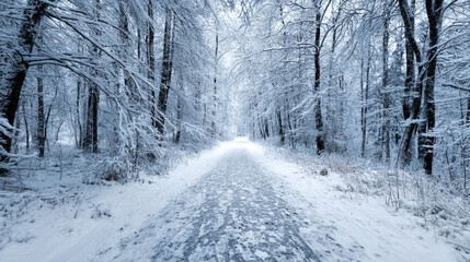  A snow-covered road leads through a serene and peaceful forest landscape in winter