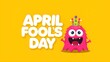 © Intellectual - April Fools day funky horizontal banner with silly pink clown monster character isolated on orange background. 1 st april fool day banner, poster, label, flyer and greeting card. Fool day print