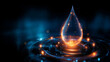 © Laura - Hydroelectric power concept with glowing energy symbol inside digital water droplet, water-based electricity, sustainable generation, renewable resource visualization, with copy